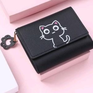 NWT Black Cat Tri Fold Wallet with chain detail and paw design